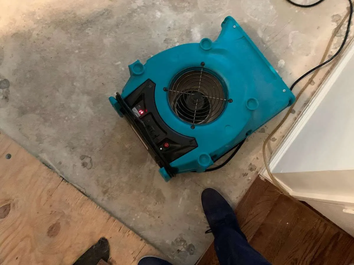 Air mover drying subfloor during Leak Detection & Repair in Orange Beach